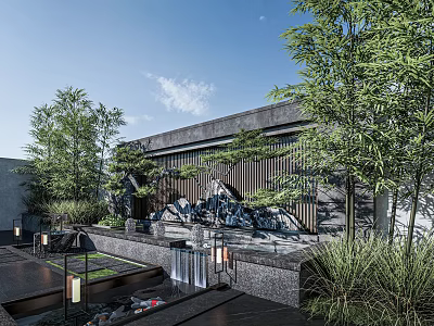 Chinese Garden Wall with Stone Mountain Relief Water Feature and Bamboo Greenery Lighting 3d model