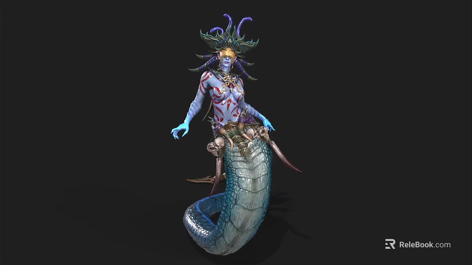 Blue Skinned Game Movie Character With Snake Tail And Tentacle Headdress 3d model 