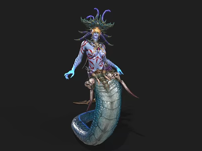 Blue Skinned Game Movie Character With Snake Tail And Tentacle Headdress 3d model