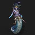Blue Skinned Game Movie Character With Snake Tail And Tentacle Headdress