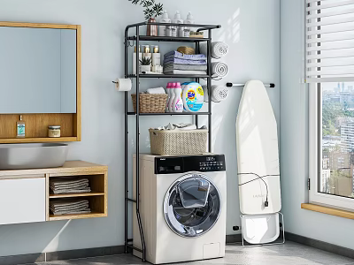 Bathroom Storage Shelf With Multiple Tiers Organizing Toiletries Towels And Baskets Near Washing Machine 3d model