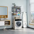 Bathroom Storage Shelf With Multiple Tiers Organizing Toiletries Towels And Baskets Near Washing Machine