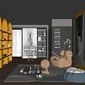 Cozy Entertainment Room With Arched Bookshelves Striped Armchairs Bean Bag Chair And Decorative Elements