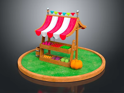 Cartoon Scene With Wooden Stall Red White Striped Awning Colorful Flags Pumpkin And Green Grass 3d model