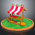Cartoon Scene With Wooden Stall Red White Striped Awning Colorful Flags Pumpkin And Green Grass