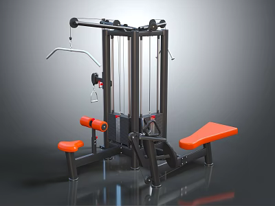 Multifunctional Black And Orange Sports Equipment With Seats Bench And Cable System For Home Fitness 3d model