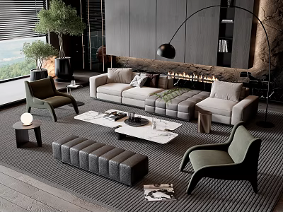 Modern Living Room Sofa And Coffee Table Set With Green Plant Floor Lamp And Fireplace 3d model