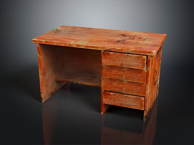 Vintage Wooden Desk With Four Drawers And Natural Wood Grain Surface 3d model