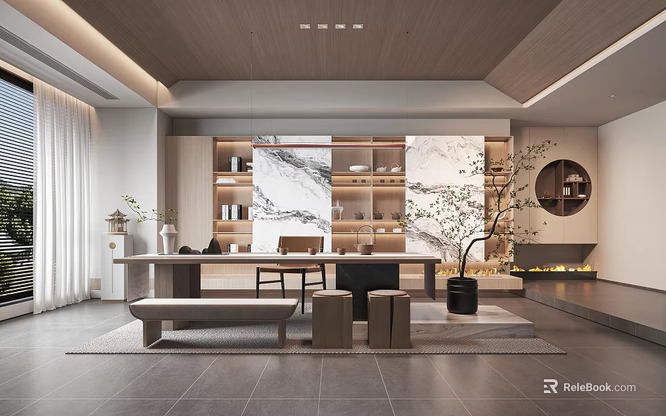 Modern Tea Room Interior With Wooden Ceiling Marble Backdrop Bookshelves Long Table Bench And Fireplace 3d model 