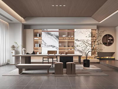 Modern Tea Room Interior With Wooden Ceiling Marble Backdrop Bookshelves Long Table Bench And Fireplace 3d model