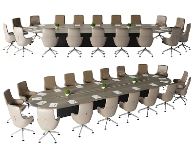 Long Modern Conference Table With Comfortable Chairs And Green Plants 3d model