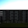Modern Multi Story Residential Building Exterior With Glass Curtain Walls Landscaped Lawns And Blue Sky