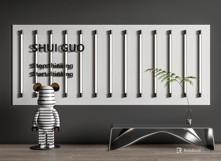 Modern Interior With Multiple Rectangular Lightboxes Featuring Text Inscriptions On Wall 3d model 