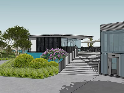 Modern Café Building With Lush Greenery Purple Flowers And Outdoor Seating Area 3d model