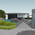 Modern Café Building With Lush Greenery Purple Flowers And Outdoor Seating Area