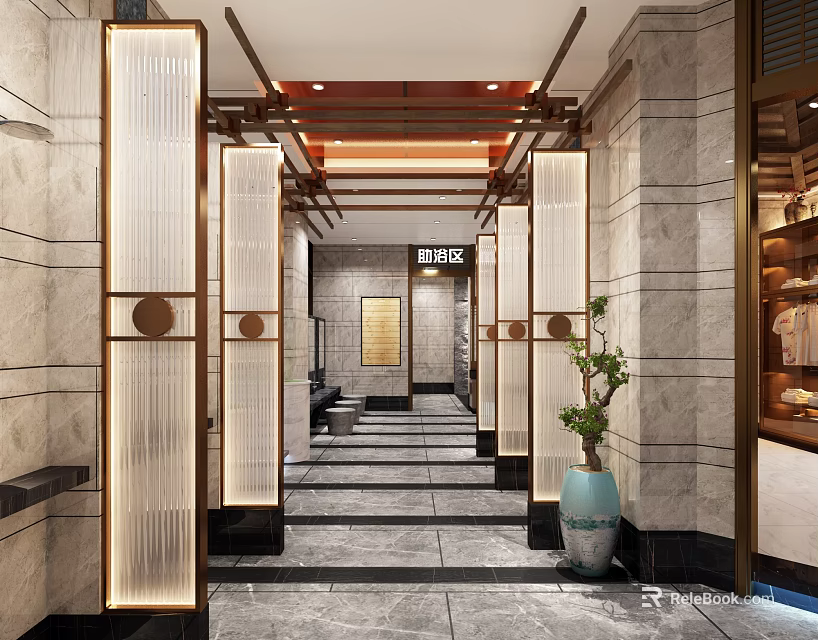 Luxurious SPA Sauna Corridor With Marble Walls Columns And Lighting 3d model 