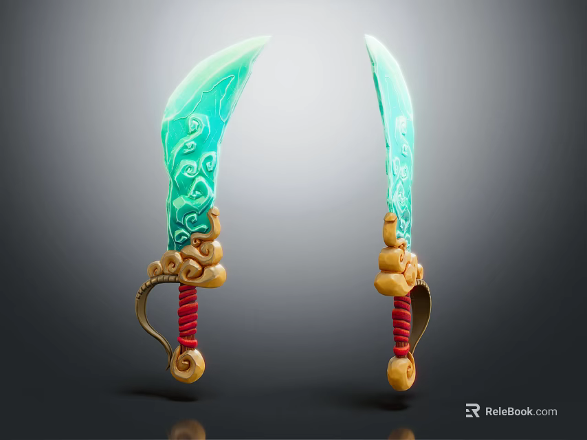 Two Decorative Swords Featuring Green Blades With Patterns And Ornate Handles 3d model