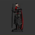 Man In Black Armor With Red Cape Holding Spear On Detailed Pedestal