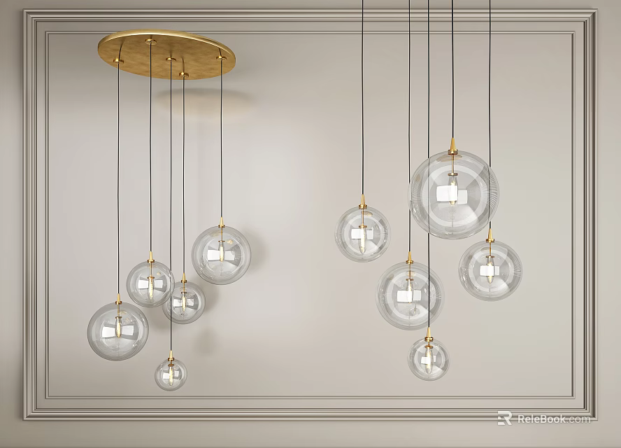 Modern Pendant Lights With Gold Base Black Cords Transparent Glass Globes On Light Colored Wall 3d model 