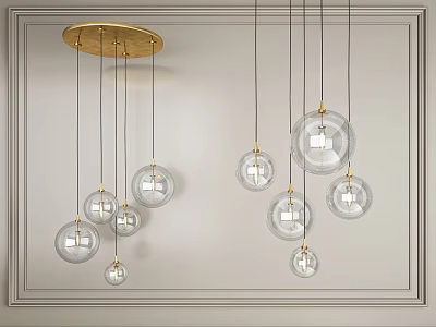 Modern Pendant Lights With Gold Base Black Cords Transparent Glass Globes On Light Colored Wall 3d model