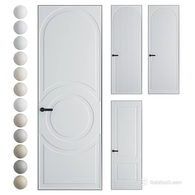 White Hinged Interior Doors Featuring Different Panel Patterns Circular Designs And Linear Details 3d model 