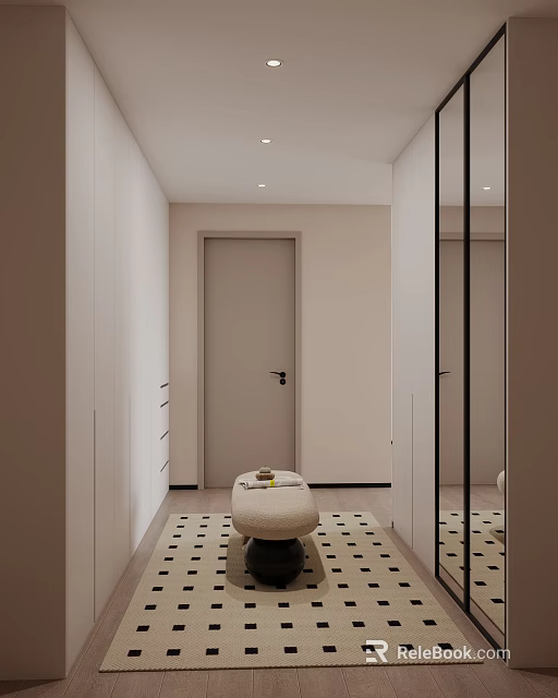 Minimalist Closet Interior With Drawers Stool Door And Patterned Rug 3d model 