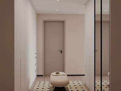 Minimalist Closet Interior With Drawers Stool Door And Patterned Rug 3d model