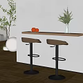 Wooden Bar Counter With Two Brown Bar Stools Decorated Oranges Green Plant Vase Light Wall