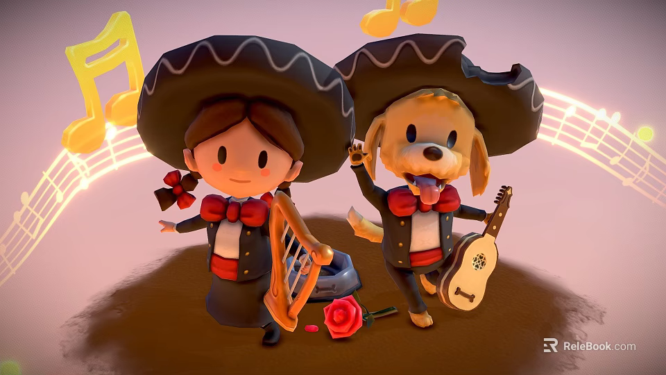 Happy Cartoon Girl and Dog in Sombreros Playing Harp Guitar with Music Notes and Rose 3d model 