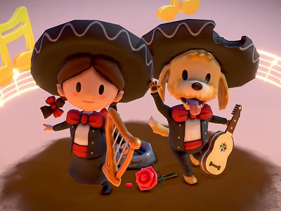 Happy Cartoon Girl and Dog in Sombreros Playing Harp Guitar with Music Notes and Rose 3d model