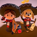 Happy Cartoon Girl and Dog in Sombreros Playing Harp Guitar with Music Notes and Rose