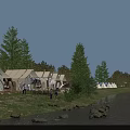 Scenic Garden Landscape with Glamping Tents along Lakeside Lush Trees Sunset Sky Grass and Stones