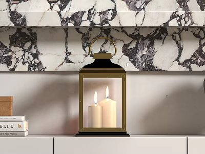 Decorative Ornament Set Featuring Brass Lantern With Lit Candles Against Marble Wall And Stacked Books 3d model
