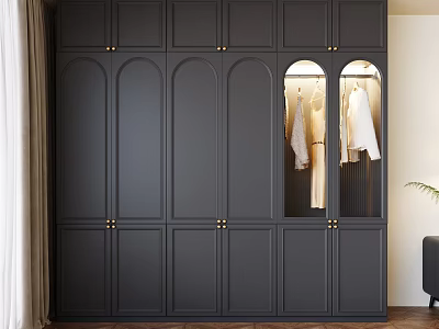 Dark Gray Modern Wardrobe Interior With Glass Doors And Hanging White Clothes 3d model