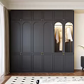 Dark Gray Modern Wardrobe Interior With Glass Doors And Hanging White Clothes