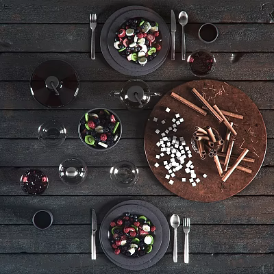 Elegant Tableware Set With Dinner Plates Glassware Berries And Salad On Dark Wooden Tabletop 3d model