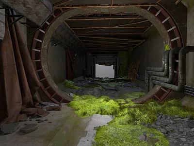 Abandoned Tunnel Interior With Round Metal Frame Exposed Beams Damaged Walls And Mossy Debris 3d model