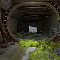 Abandoned Tunnel Interior With Round Metal Frame Exposed Beams Damaged Walls And Mossy Debris