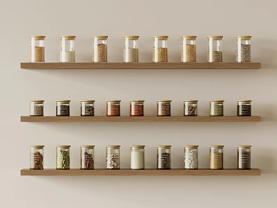 Multiple Spice Jars On Wooden Shelves With Various Colors And Light Colored Wall Background 3d model