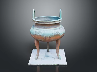 Ancient Bronze Tripod Cauldron with Two Handles Three Legs Intricate Carvings on Square Base 3d model