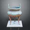 Ancient Bronze Tripod Cauldron with Two Handles Three Legs Intricate Carvings on Square Base