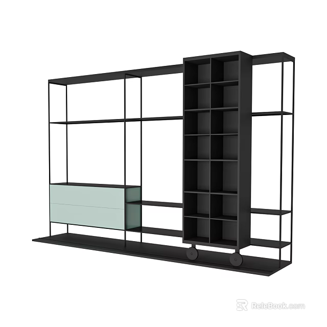 Modern Open Bookcase With Black Metal Frame Light Drawers And Storage Shelves 3d model 