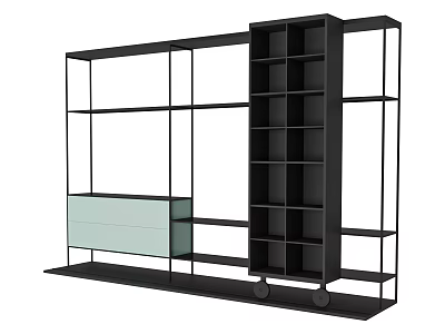 Modern Open Bookcase With Black Metal Frame Light Drawers And Storage Shelves 3d model