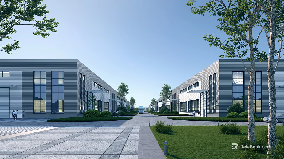 Modern Industrial Factory Building with Glass Facade Landscaped Greenery and Wide Roadway 3d model 