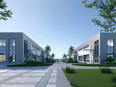 Modern Industrial Factory Building with Glass Facade Landscaped Greenery and Wide Roadway 3d model