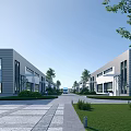 Modern Industrial Factory Building with Glass Facade Landscaped Greenery and Wide Roadway
