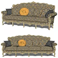 Classic Multi Person Sofa With Gold Carved Details Patterned Fabric Gray And Orange Throw Pillows