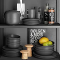 Modern Kitchen Wall Shelves With Storage Jars Plates Knives Cutting Board And Herb Plant