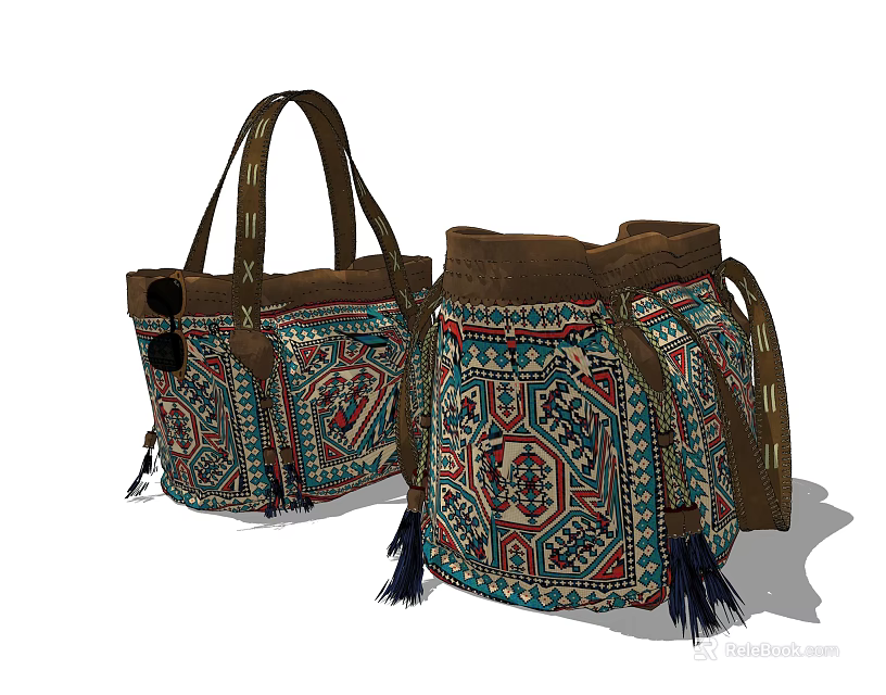 Colorful Hand Embroidered Handbags With Geometric Patterns Tassels And Leather Handles 3d model 