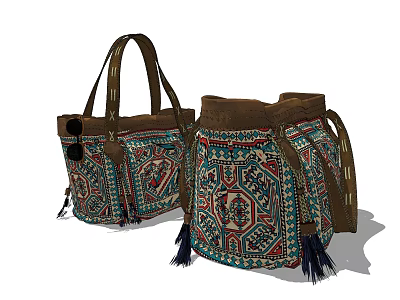 Colorful Hand Embroidered Handbags With Geometric Patterns Tassels And Leather Handles 3d model